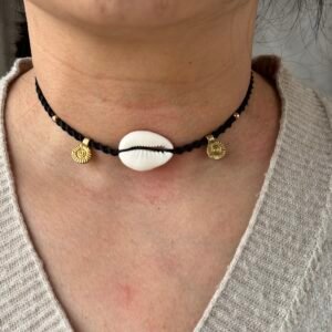 black wax string brass charms sea shell necklace